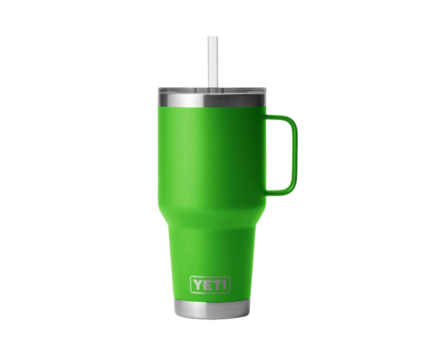 Customizable YETI Rambler 35 oz Straw Mug in vibrant green color featuring a sturdy handle and stainless steel straw.