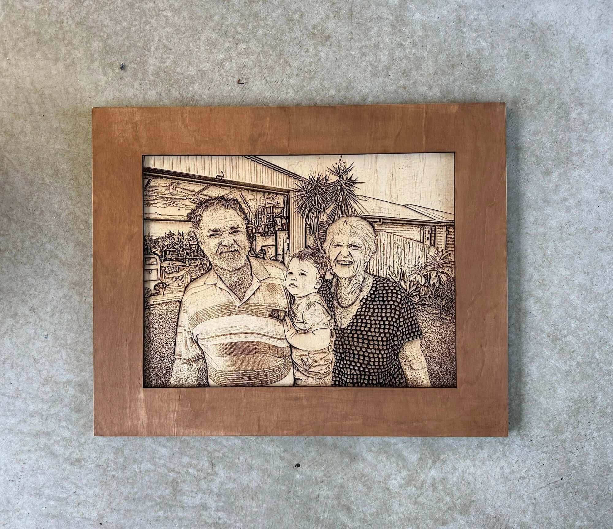Custom Engraving Tips For Drinkware And Unique Signs with engraved family portrait on wood.
