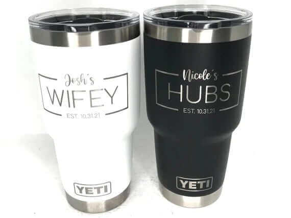 Personalized Yeti Engraving: Elevate Your Drinkware Style with custom engraved white and black tumblers.