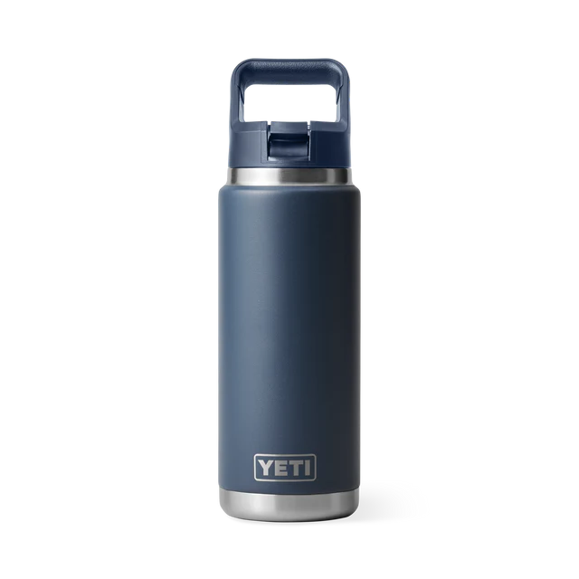 Customisable 26 oz YETI Rambler bottle in navy blue color with a straw lid.