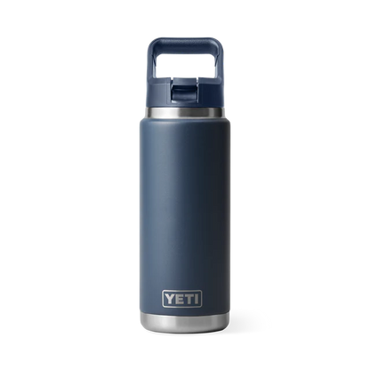 Customisable 26 oz YETI Rambler bottle in navy blue color with a straw lid.