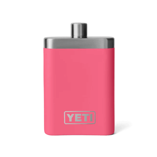 Stylish pink YETI flask with a metallic top, perfect for on-the-go sipping.
