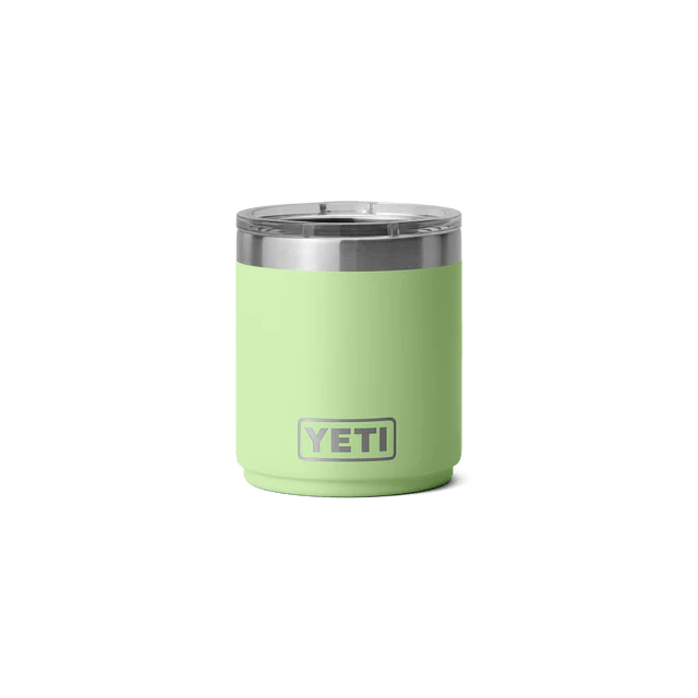 10 oz YETI Rambler stackable lowball in a fresh green color topped with a stainless steel rim and Magslider lid.