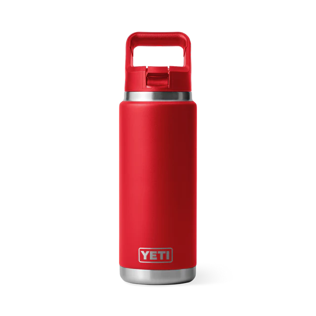 Customisable 26 oz YETI Rambler bottle in red color with a straw lid.