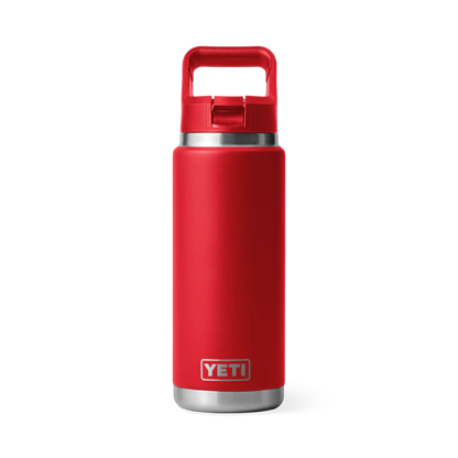 Customisable 26 oz YETI Rambler bottle in red color with a straw lid.