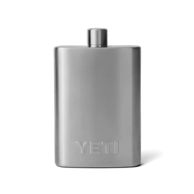 Polished silver YETI flask with clean lines and a sturdy design.