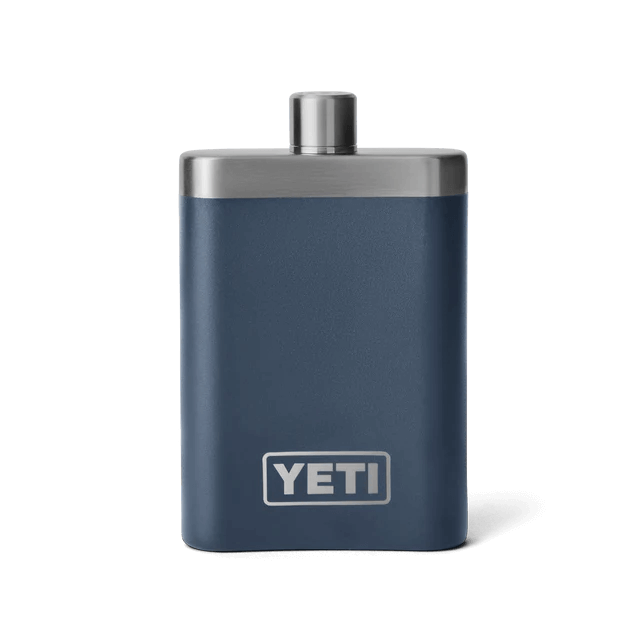 Navy blue YETI flask featuring a sleek look and functional stainless steel top.