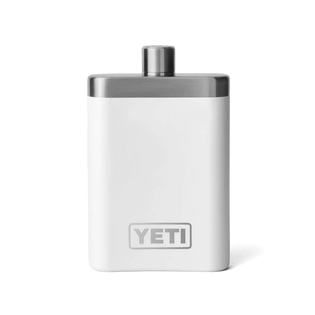 Classic white YETI flask featuring a stainless steel top and subtle branding.