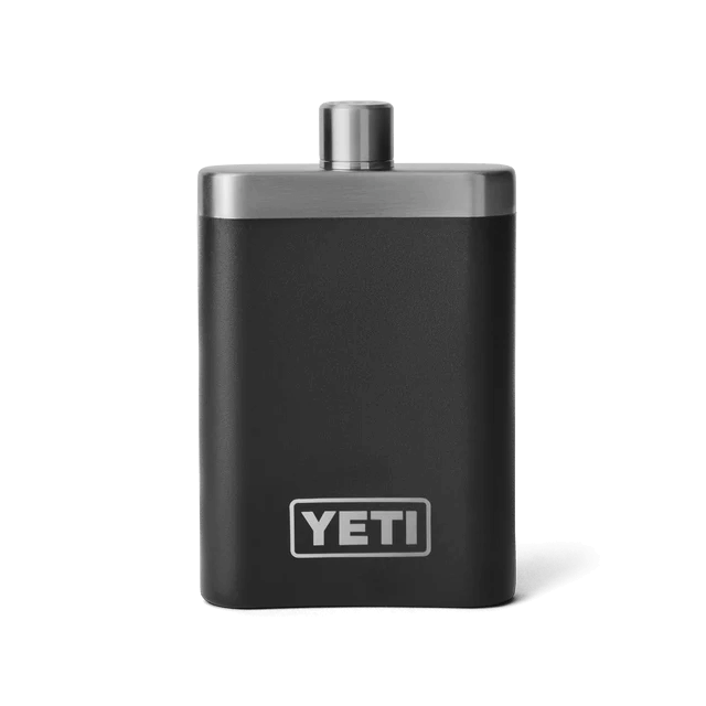 Matte black YETI flask designed for easy portability and durability.