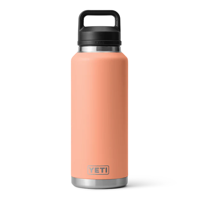 Bright coral YETI Rambler 46 oz bottle with a black chug lid, perfect for a fun and functional hydration solution.