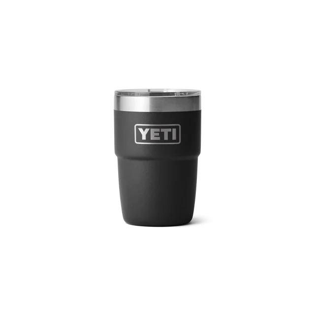 Classic black YETI Rambler 8 oz stackable cup with a stainless steel rim, perfect for hot or cold beverages.