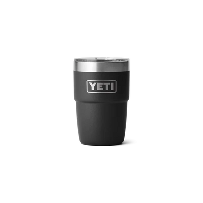 Classic black YETI Rambler 8 oz stackable cup with a stainless steel rim, perfect for hot or cold beverages.