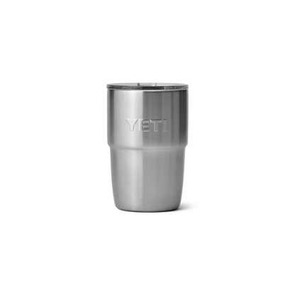 Stainless steel YETI Rambler 8 oz stackable cup showcasing a classic metallic finish for durability.