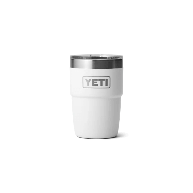 A sturdy white YETI tumbler designed for on-the-go hydration, featuring a stainless steel lid.