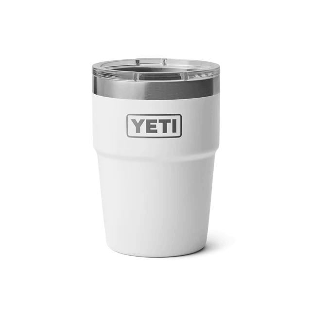 Compact and durable YETI tumbler, designed in white with a stainless steel lid for easy sipping.