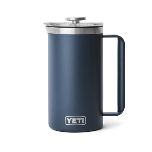 Stylish YETI Rambler 34 oz French Press in a dark navy finish, featuring a stainless steel lid and handle.