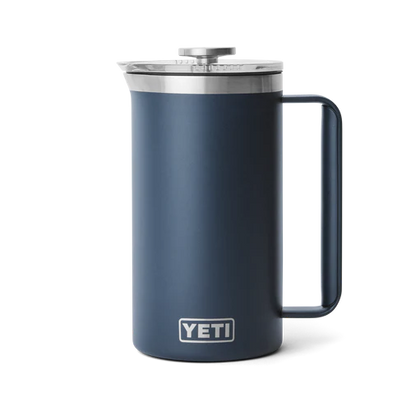 Stylish YETI Rambler 34 oz French Press in a dark navy finish, featuring a stainless steel lid and handle.