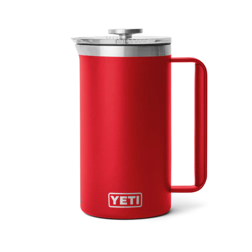 Bold red YETI Rambler 34 oz French Press with a matte finish, highlighting its durable construction.