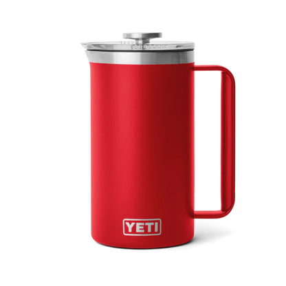 Bold red YETI Rambler 34 oz French Press with a matte finish, highlighting its durable construction.