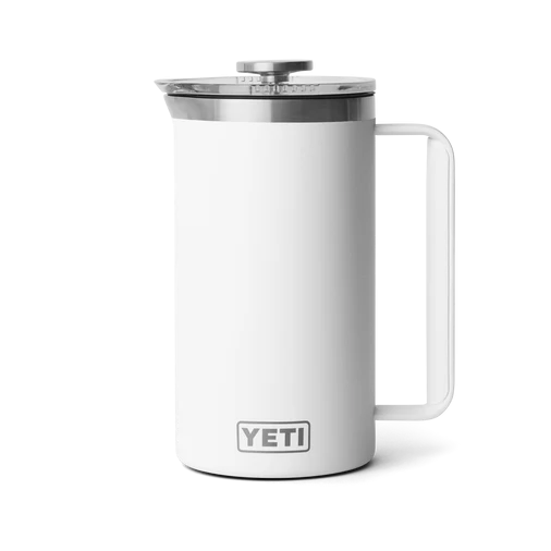Elegant white YETI Rambler 34 oz French Press, showcasing the stainless steel lid and the YETI logo.