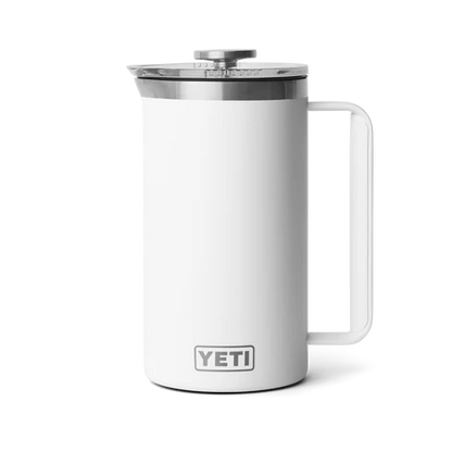 Elegant white YETI Rambler 34 oz French Press, showcasing the stainless steel lid and the YETI logo.