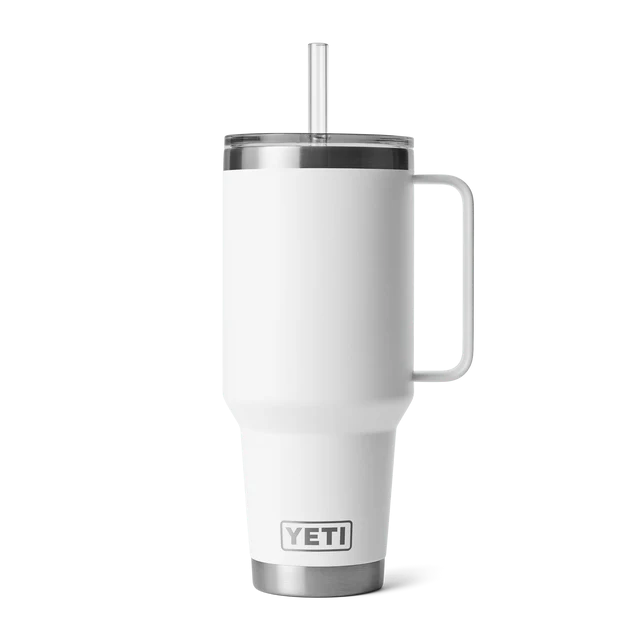YETI Rambler 42 oz Straw Mug in sleek white design showcasing its durable stainless steel construction.