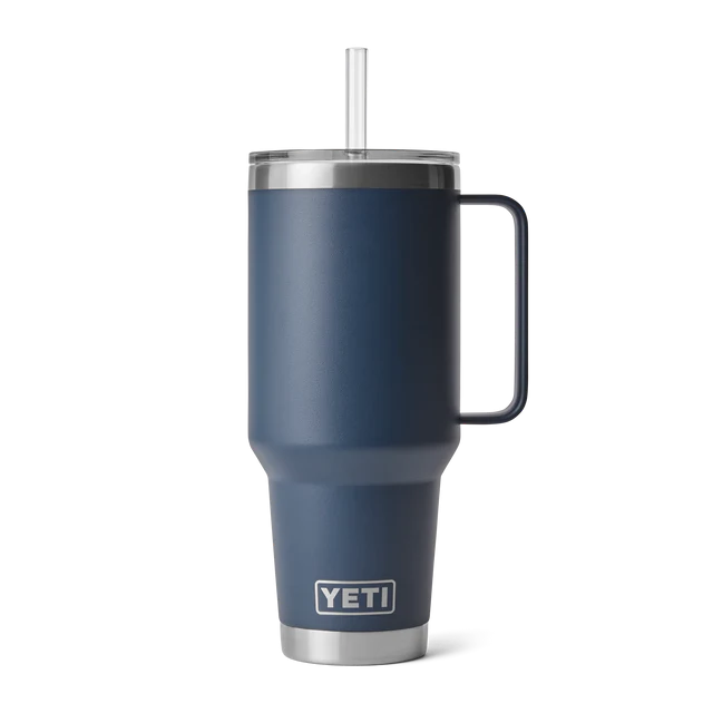 YETI Rambler 42 oz Straw Mug in dark blue color with a sturdy handle and a straw for easy sipping.