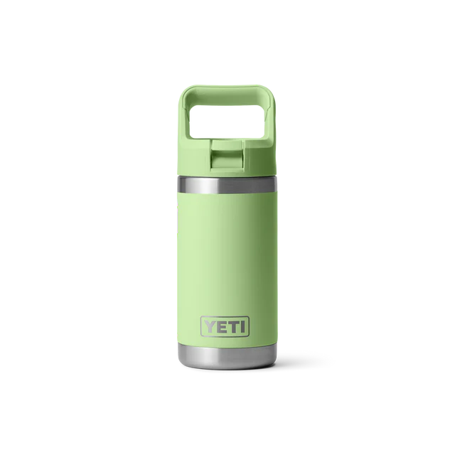 A cheerful green 12 oz YETI Rambler Kids Bottle with a convenient handle, perfect for keeping drinks cold during adventures.
