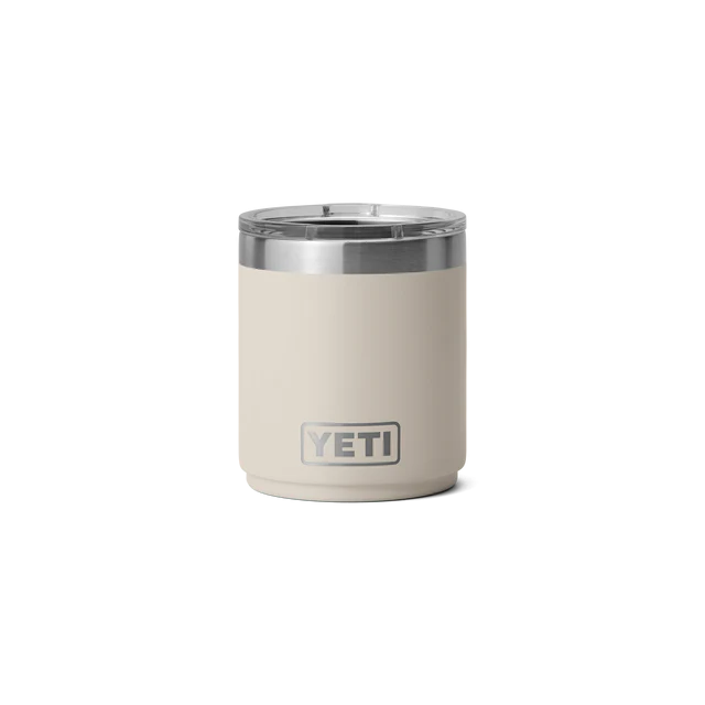 10 oz YETI Rambler stackable lowball in a light beige color with a stainless steel rim and Magslider lid.