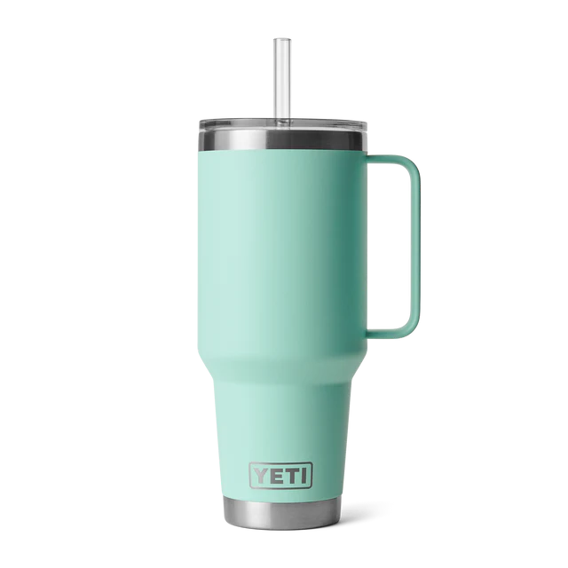 YETI Rambler 42 oz Straw Mug in mint green, highlighting its ergonomic handle and stainless steel finish.