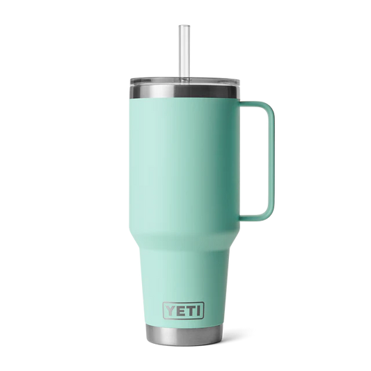 YETI Rambler 42 oz Straw Mug in mint green, highlighting its ergonomic handle and stainless steel finish.