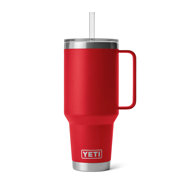 YETI Rambler 42 oz Straw Mug in bold red color featuring a wide straw and a comfortable grip handle.