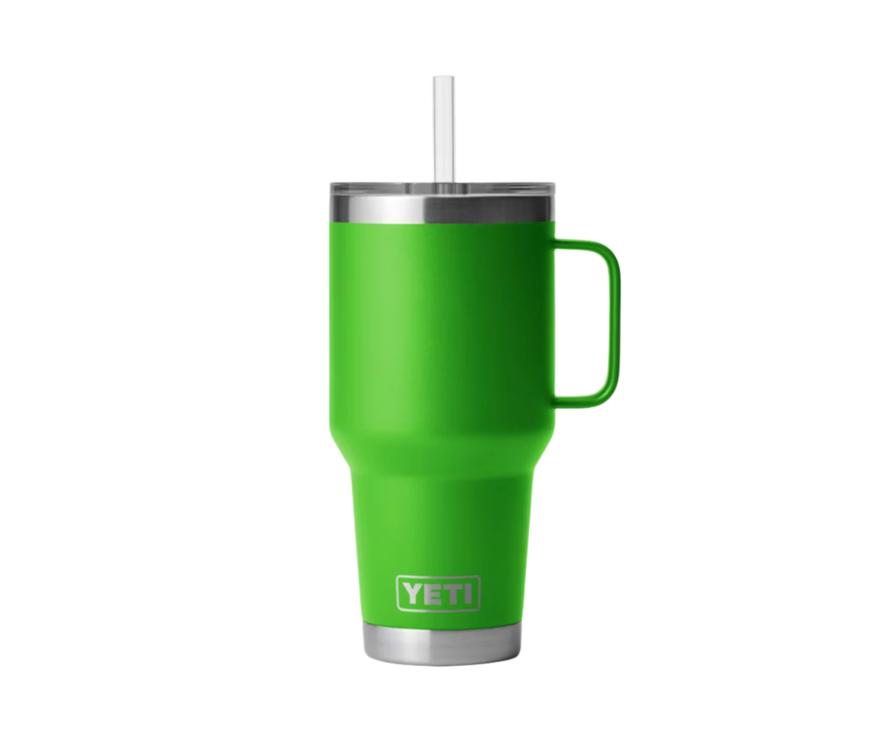 Customizable YETI Rambler 35 oz Straw Mug in vibrant green color featuring a sturdy handle and stainless steel straw.