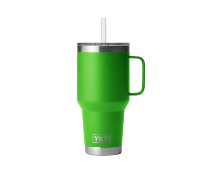 Customizable YETI Rambler 35 oz Straw Mug in vibrant green color featuring a sturdy handle and stainless steel straw.