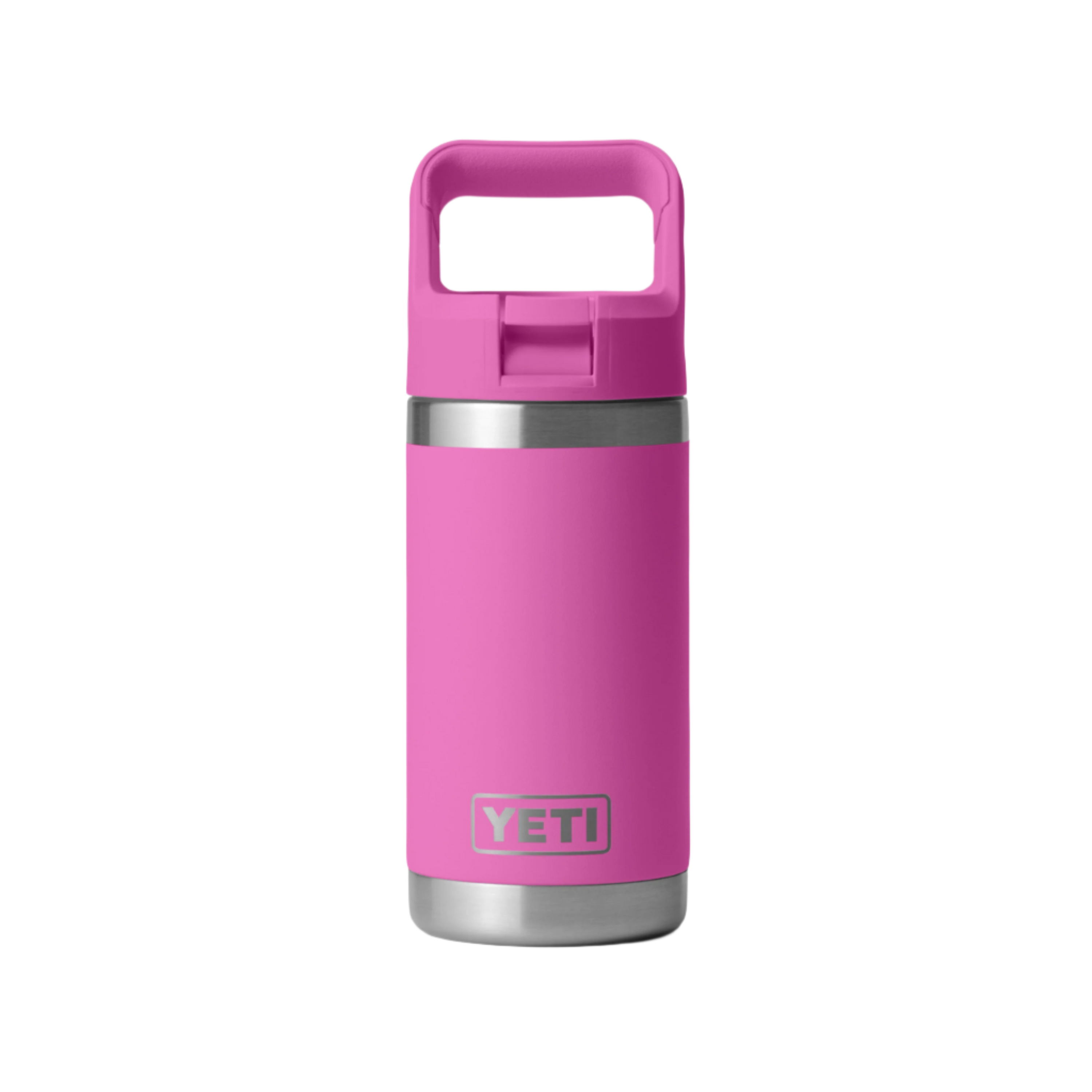 A charming light blue 12 oz YETI Rambler Kids Bottle, designed for kids with a sleek look and convenient handle.