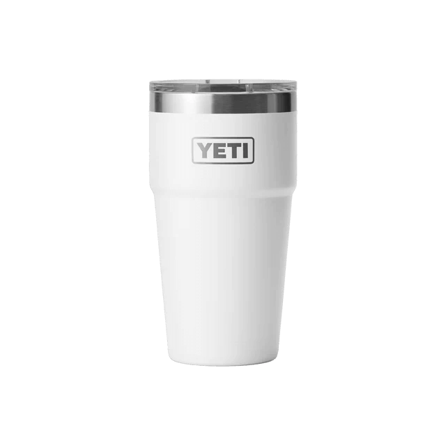 A sleek YETI tumbler in white with a stainless steel top, perfect for keeping drinks hot or cold.