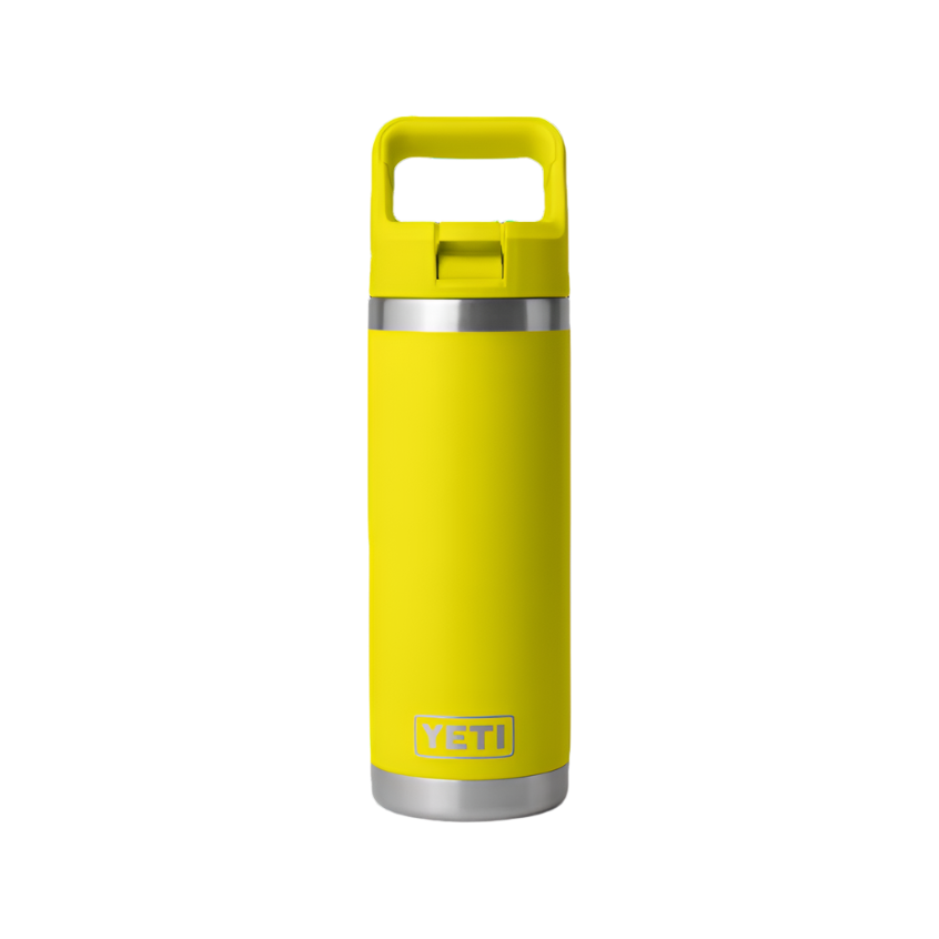 YETI Rambler 18 oz straw bottle in bright, eye-catching yellow, designed for easy, one-handed drinking.