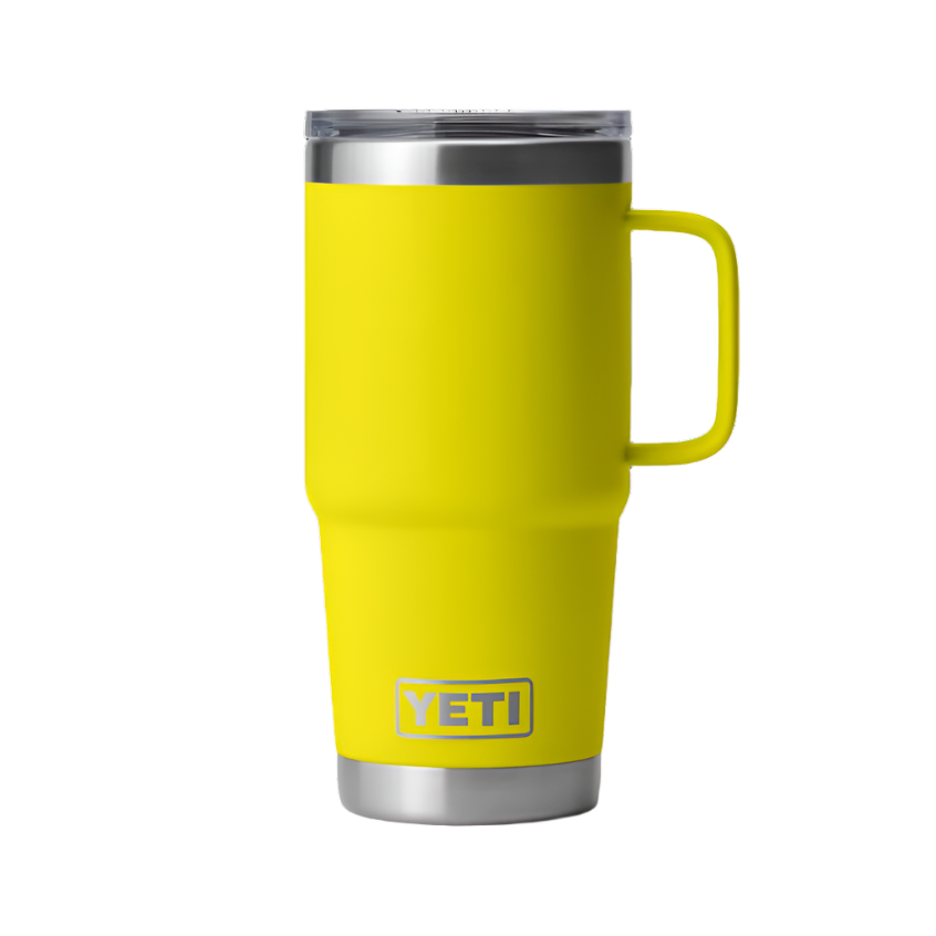 Fun purple 20 oz YETI Rambler travel mug with a comfortable grip handle and double insulation for temperature control.