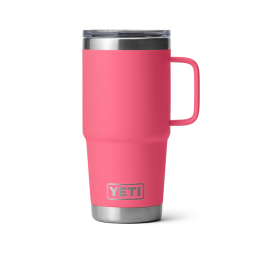 Bright pink 20 oz YETI Rambler travel mug with a comfortable handle and a leak-proof lid, perfect for hot or cold drinks.