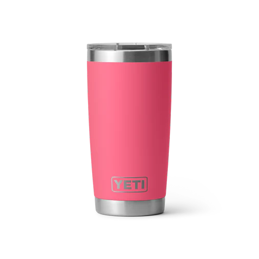 Vibrant pink YETI Rambler 20 oz tumbler, perfect for hot and cold drinks on the go.