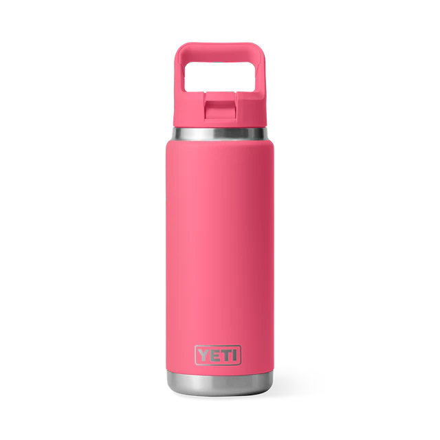 Customisable 26 oz YETI Rambler bottle in pink color with a straw lid.