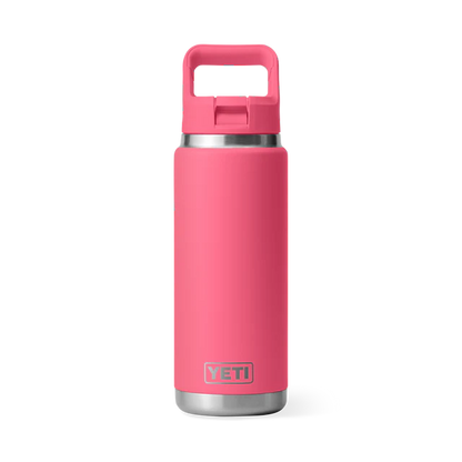 Customisable 26 oz YETI Rambler bottle in pink color with a straw lid.