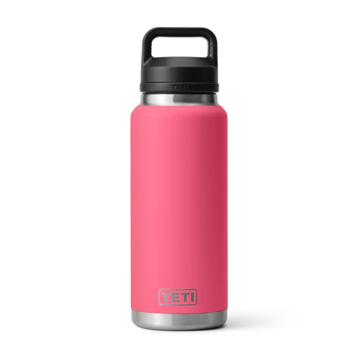 YETI Rambler 36 oz bottle in vibrant pink with a black chug lid, perfect for hydration on-the-go.