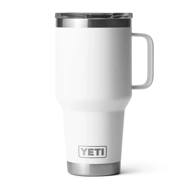 Sleek white YETI tumbler ideal for summer drinks.