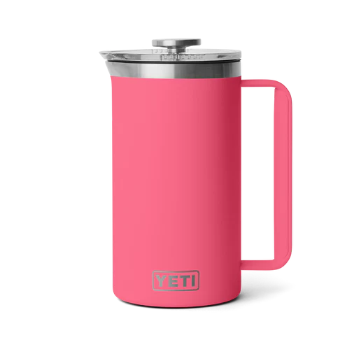 YETI Rambler 34 oz French Press in a vibrant pink color, showcasing its sleek design and stainless steel lid.