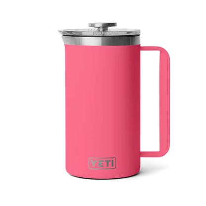 YETI Rambler 34 oz French Press in a vibrant pink color, showcasing its sleek design and stainless steel lid.