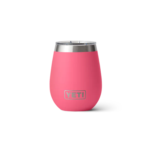 YETI 10 oz Wine Tumbler in a vibrant pink color featuring a splash-resistant stainless steel lid, perfect for outdoor adventures.
