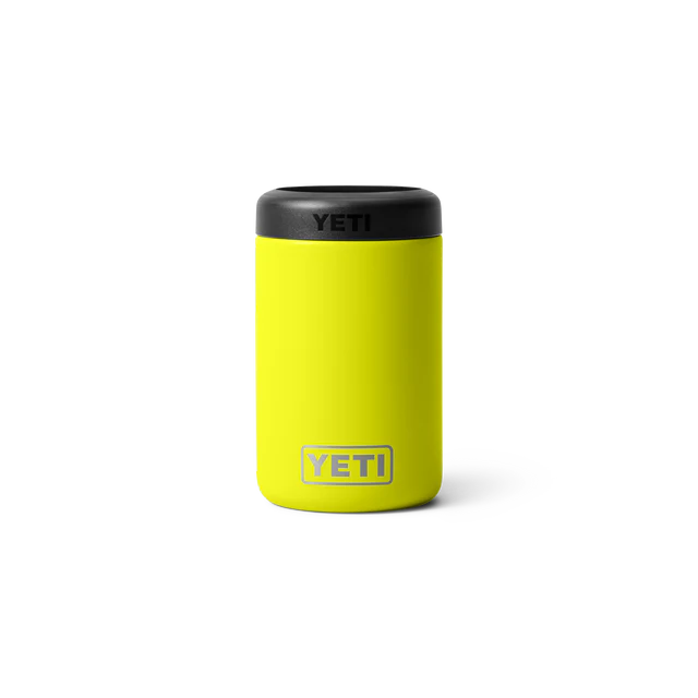 Lime yellow 375ml YETI Rambler Colster insulated can cooler, emphasizing its bright and fun aesthetic.