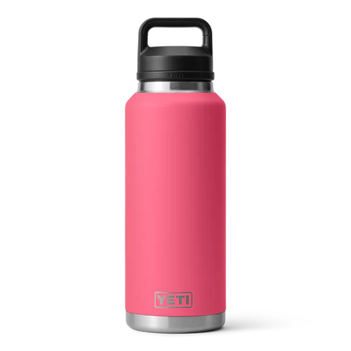 Vibrant pink YETI Rambler 46 oz bottle featuring a black chug lid, ideal for outdoor adventures and workouts.