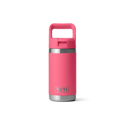 A bright pink 12 oz YETI Rambler Kids Bottle featuring a sturdy handle and striking color, ideal for active children.